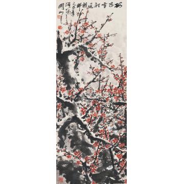 关山月1990年作红梅雪里见精神镜片设色纸本