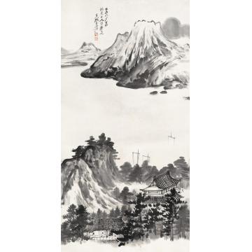张大千壬辰（1952）年作江畔楼阁立轴水墨纸本