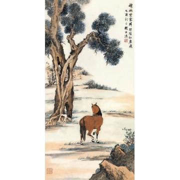 赵叔孺乙酉（1945）年作桐荫立马镜框设色纸本