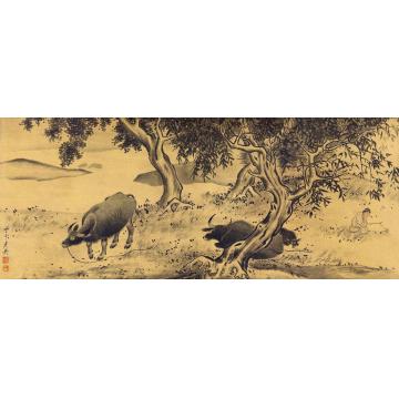 冯建吴甲申（1944）年作放牧图横披水墨绢本
