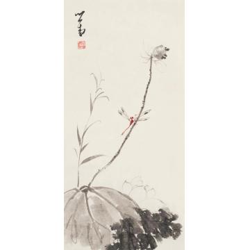 溥儒荷花蜻蜓镜框设色纸本