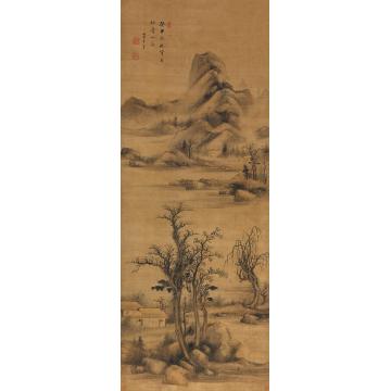 董其昌1613年作山村春霭立轴设色绢本