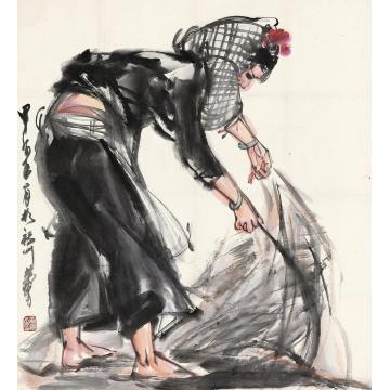 黄胄1954年作收网图立轴设色纸本