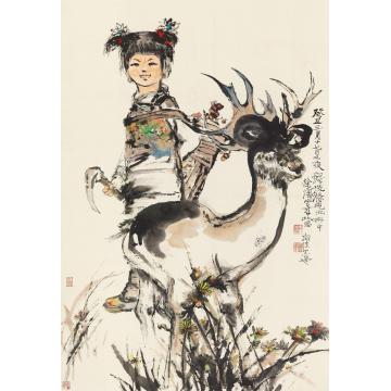 程十发1973年作少女与鹿立轴纸本