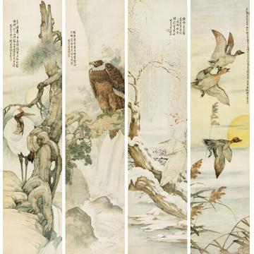 刘奎龄花鸟四屏立轴绢本