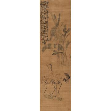 李鱓1739年作蕉荫双鹤立轴设色绢本