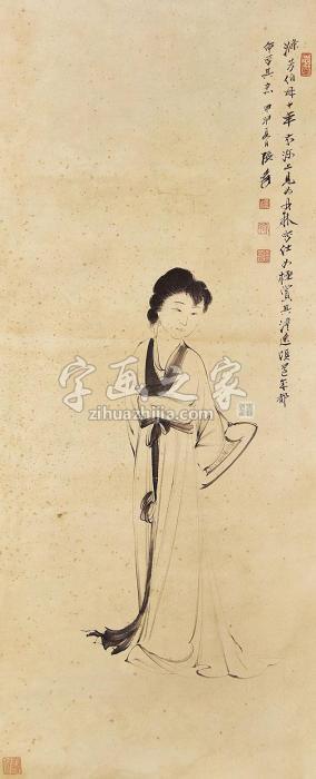 中国古美術・純手描き六尺人物掛軸・国画仕女图・張大千印款・書道・