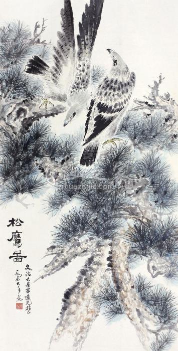 乔木松鹰图立轴纸本设色字画之家