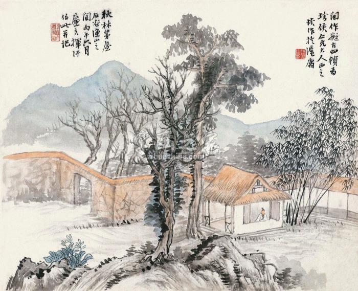 陆恢丙午（1906）年作秋林茅屋镜框设色纸本字画之家