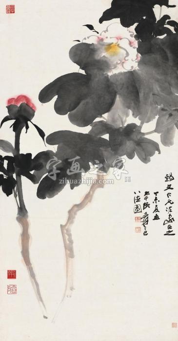 张大千丁未（1967）年作牡丹镜片设色纸本字画之家