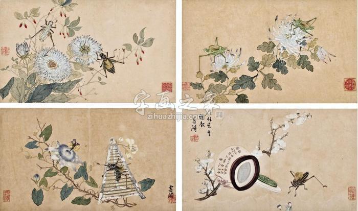 王雪涛花卉草虫四屏镜片设色纸本字画之家