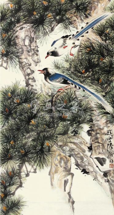 陆抑非花鸟立轴纸本字画之家