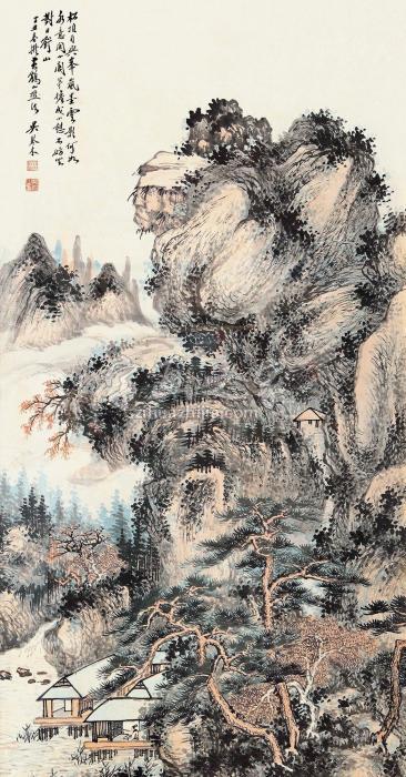 吴琴木丁丑（1937）年作松翠叠嶂镜片设色纸本字画之家