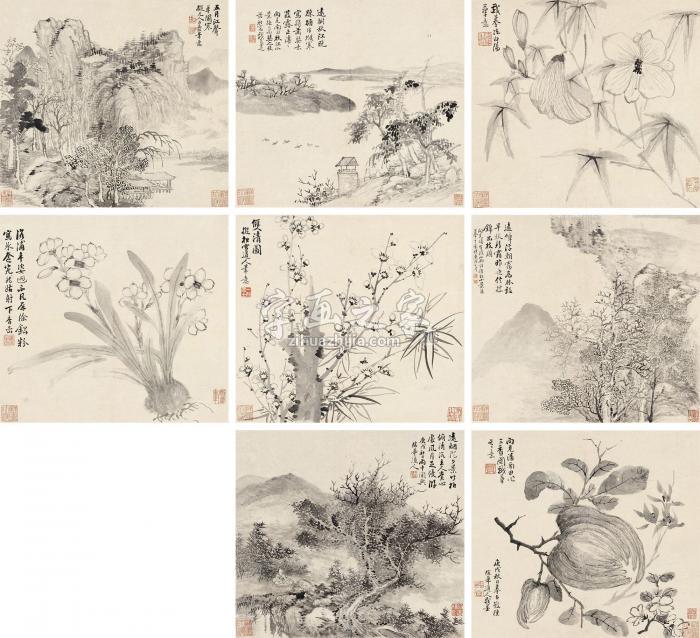 弘旿1790年作山水花卉册镜心（八开）纸本字画之家