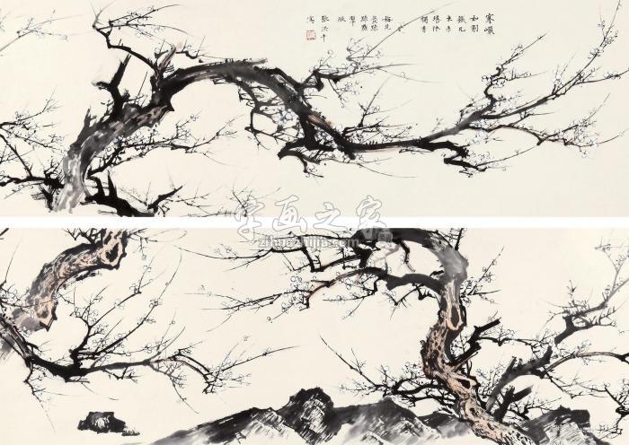 张洪千寒梅翠微镜心设色纸本字画之家