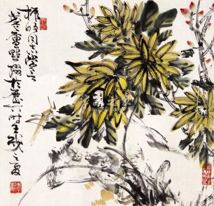 许麐庐1982年作菊花草虫镜心设色纸本字画之家