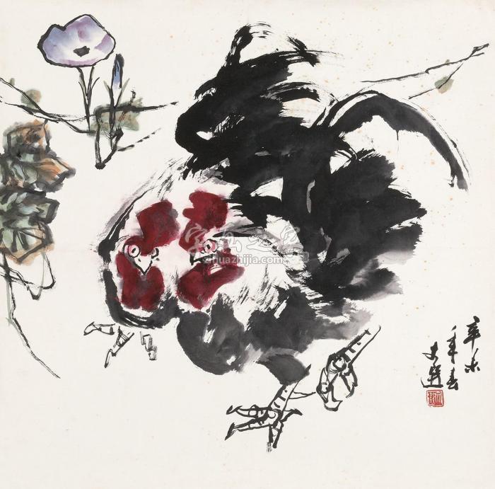 汤文选双鸡图镜片设色纸本字画之家