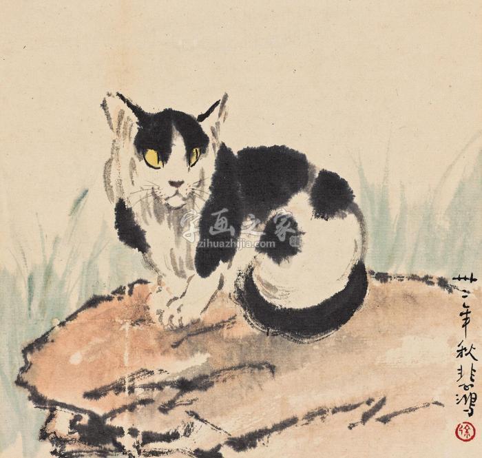 徐悲鸿1943年作猫镜心设色纸本字画之家