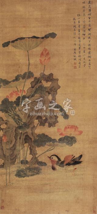 王武1685年作荷花鸳鸯镜心设色绢本字画之家