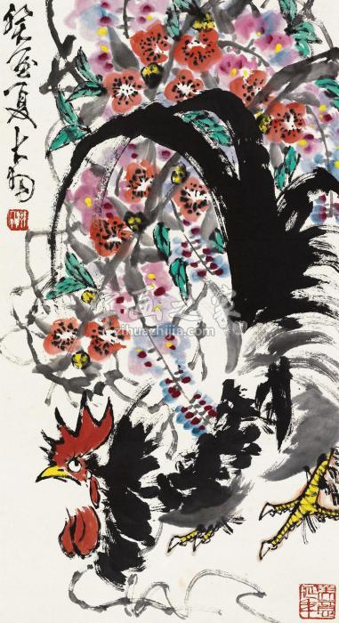 陈大羽癸酉（1993）年作紫藤雄鸡镜片设色纸本字画之家