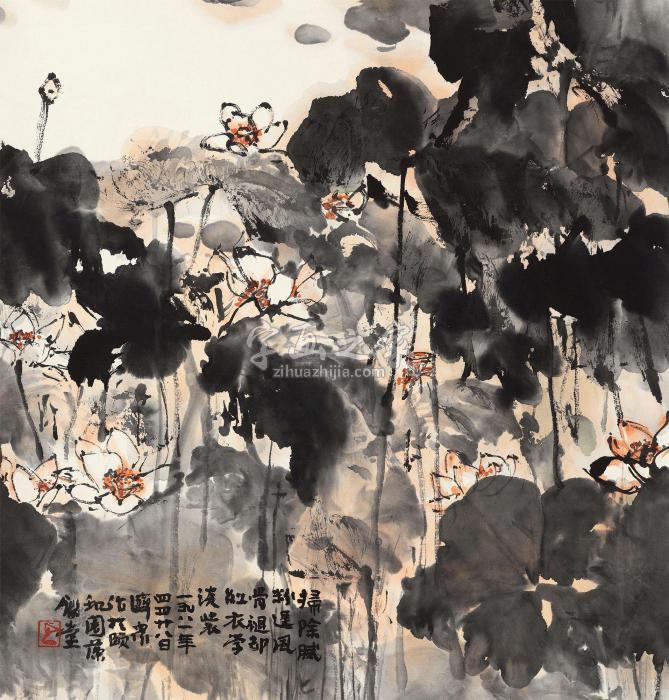 方济众荷塘立轴设色纸本字画之家
