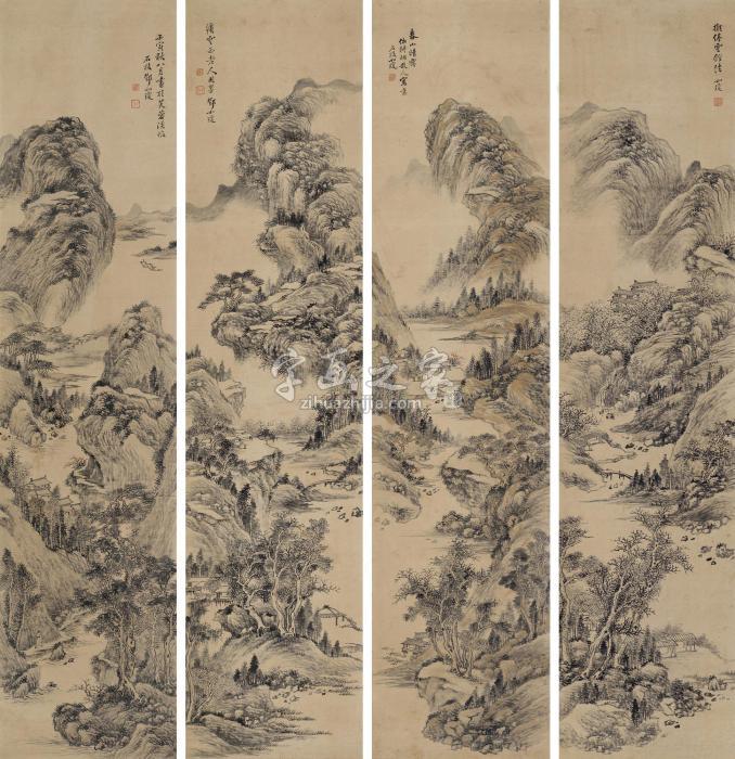 邓如琼壬寅（1842）年作山水四屏立轴设色纸本字画之家