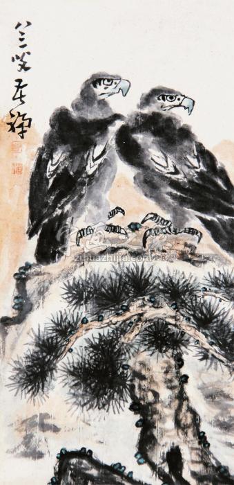 李苦禅1981年作双鹰立轴设色纸本字画之家