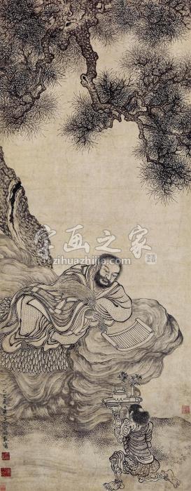 丁云鹏1605年作松阴读经图立轴纸本字画之家