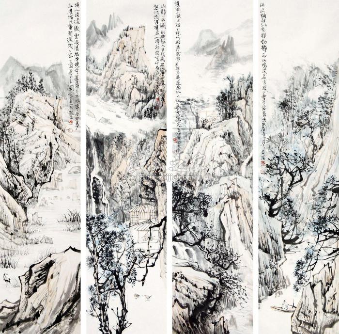 陈玉圃2005年作山水四条屏镜心设色纸本字画之家