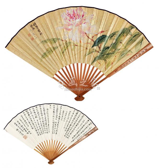 张大壮徐伯清花卉书法成扇设色金箔、字画之家