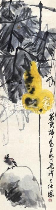 梁崎1983年作葫芦小鸟镜片设色纸本字画之家