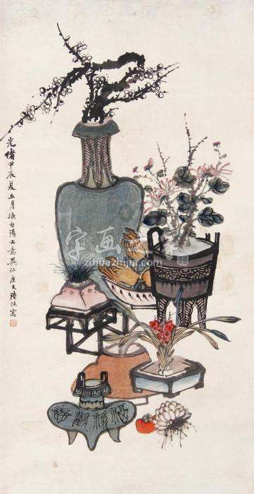 陆恢1904年作花卉立轴设色纸本字画之家