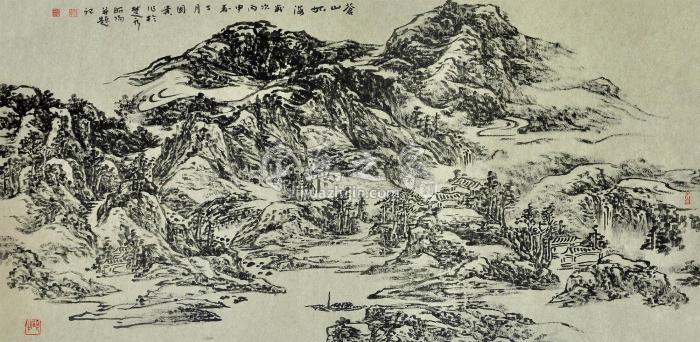 车国贵2016年作苍山如海镜片焦墨纸本字画之家