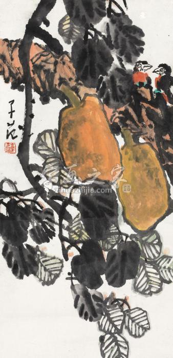 崔子范葫芦小鸟镜片设色纸本字画之家