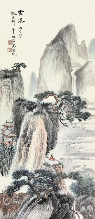 吴湖帆丙子（1936）年作松荫观瀑立轴设色纸本字画之家
