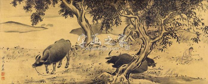 冯建吴甲申（1944）年作放牧图横披水墨绢本字画之家