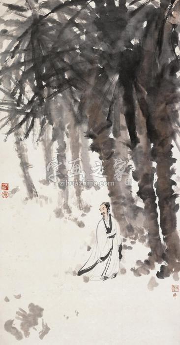 傅抱石癸卯（1963）年作棕林高士立轴设色纸本字画之家