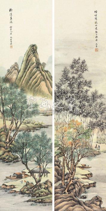 几谷仿宋人山水对屏设色纸本字画之家