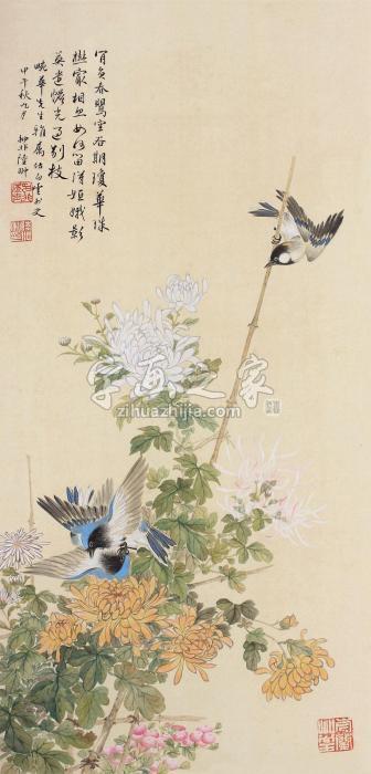 陆抑非1954年作花鸟镜心绢本设色字画之家