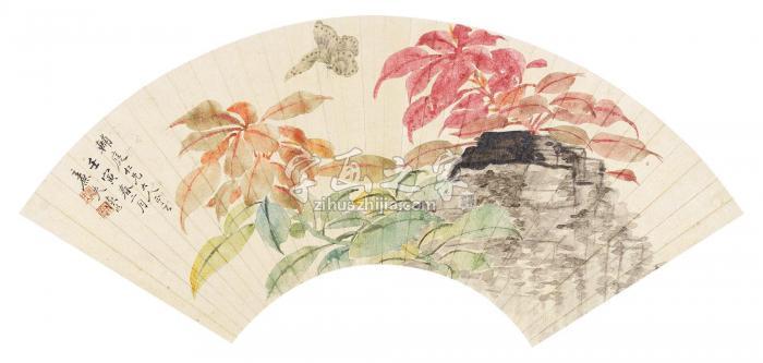 陆恢壬寅（1902）年作蝴蝶雁来红镜片设色纸本字画之家