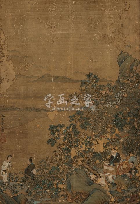 仇英（款）江头问路镜心绢本字画之家
