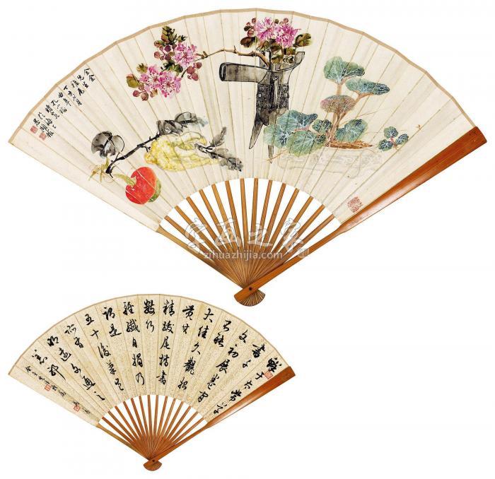 孔小瑜马公愚1947年作清供图成扇字画之家