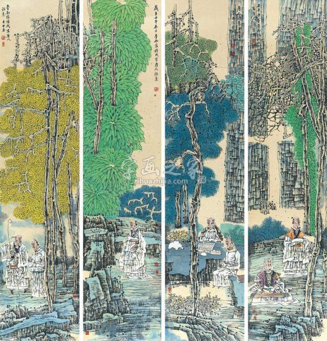 张积成2002年作风景人物四屏镜心设色纸本字画之家