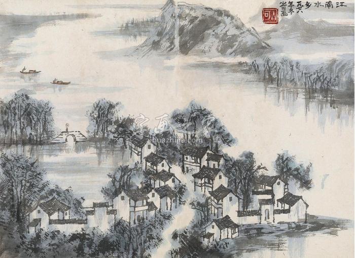 李小可1978年作江南水乡镜框设色纸本字画之家
