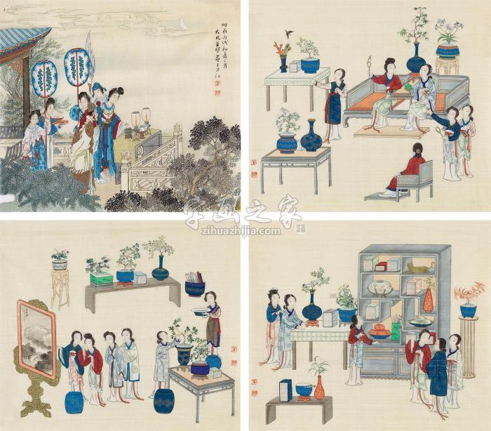 王大凡民国（1946年）作妃子行乐图（四帧）绢本字画之家