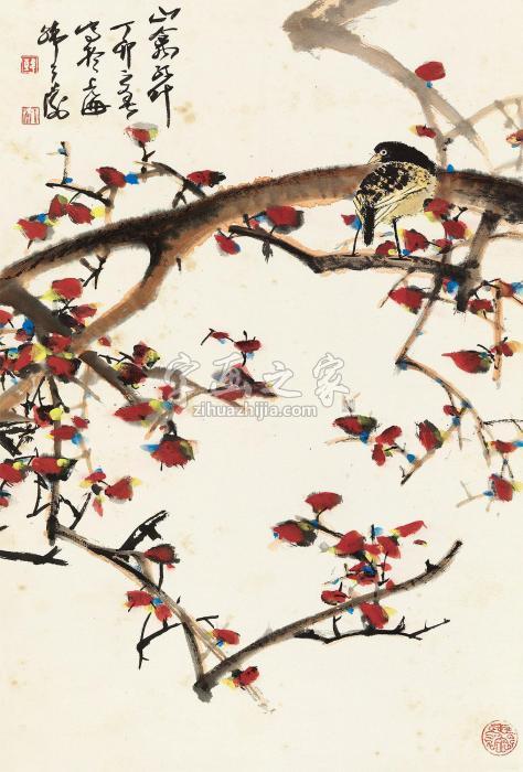 韩天衡1987年作山禽红叶立轴纸本字画之家