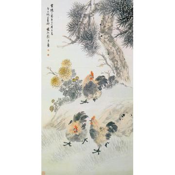 倪涛松菊三鸡轴