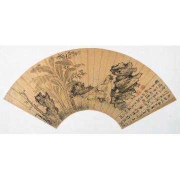 谢时臣倚石观蕉图扇面