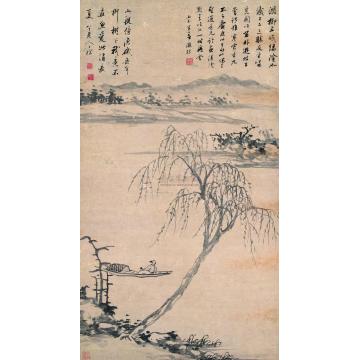 查士标柳溪渔艇立轴