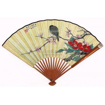 陈之佛梅鹤孙1957年、1938年作山茶小鸟图行书成扇